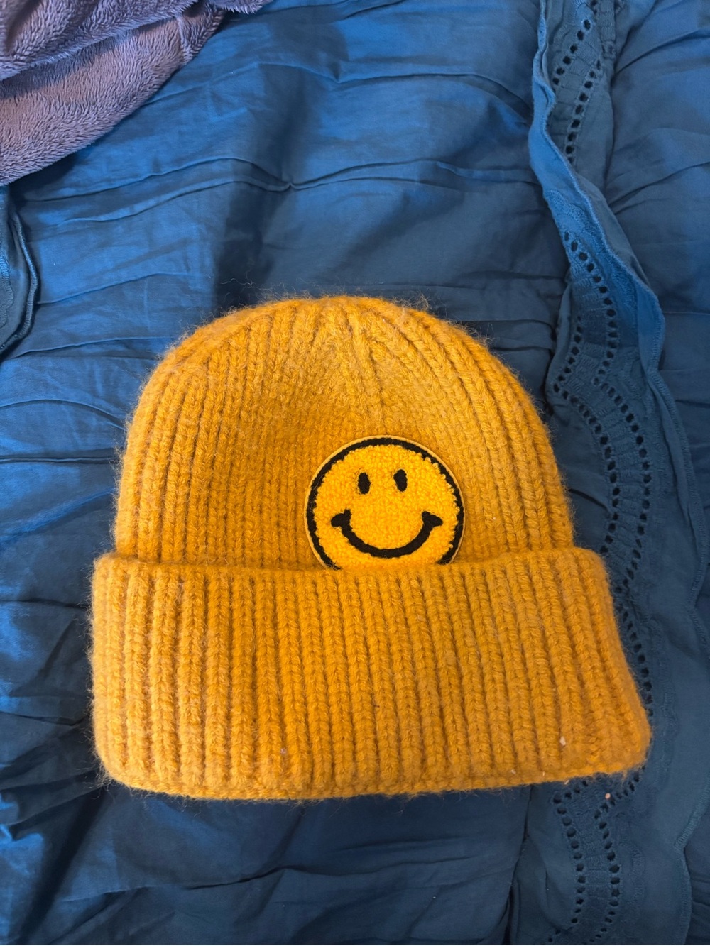 Yellow Smiley Face Knit Beanie - Cozy Winter Hat